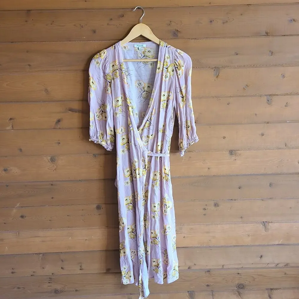 Madewell Linen Dress Pink Dutch Danelions Pink Floral Wrap Dress XS Boho Cottage - Picture 2 of 6